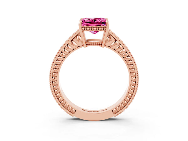 Rose gold Princess Cut Pink Sapphire Engagement Ring with Milgrain Channel Set Band and Prong Setting