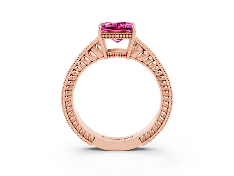 Rose gold Princess Cut Pink Sapphire Engagement Ring with Milgrain Channel Set Band and Prong Setting_27