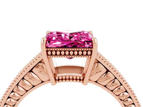 Rose gold Princess Cut Pink Sapphire Engagement Ring with Milgrain Channel Set Band and Prong Setting_28
