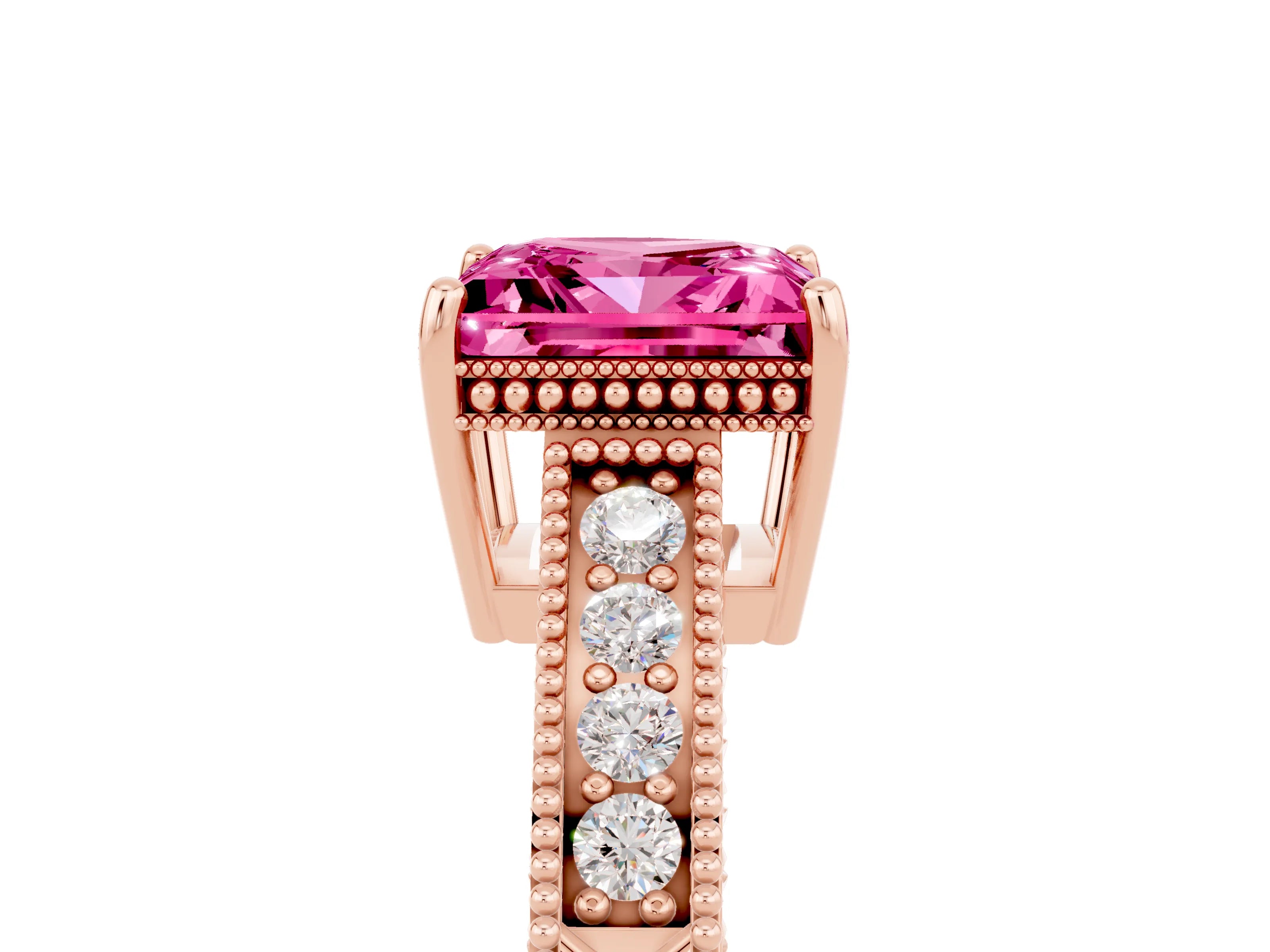 Rose gold Princess Cut Pink Sapphire Engagement Ring with Milgrain Channel Set Band and Prong Setting_29