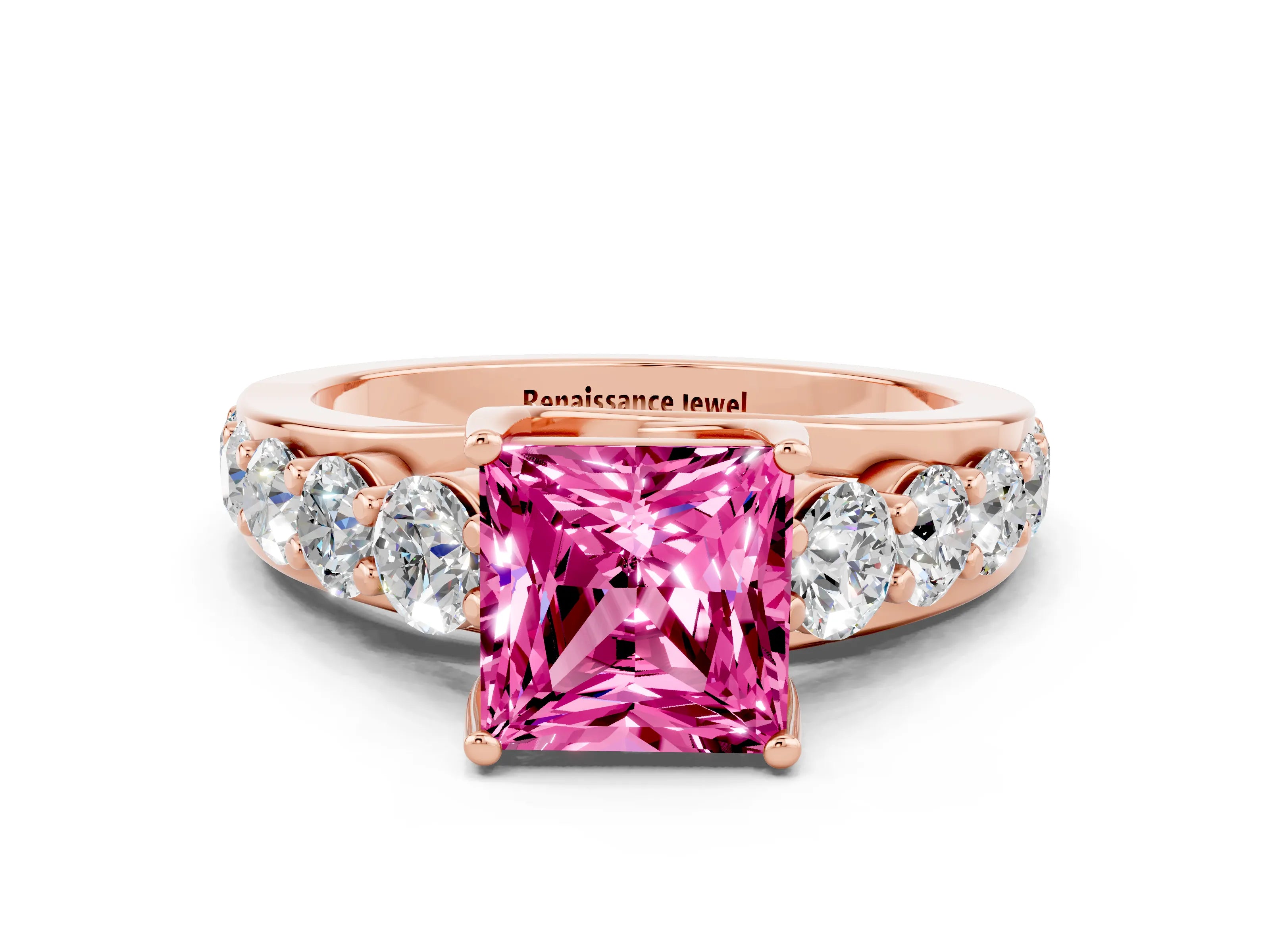 Rose gold Princess Cut Pink Sapphire Engagement Ring with Pavé Band and Four-Prong Setting