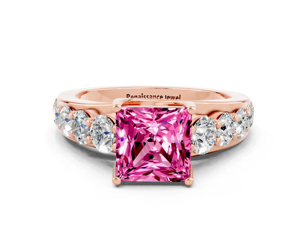 Rose gold Princess Cut Pink Sapphire Engagement Ring with Pavé Band and Four-Prong Setting