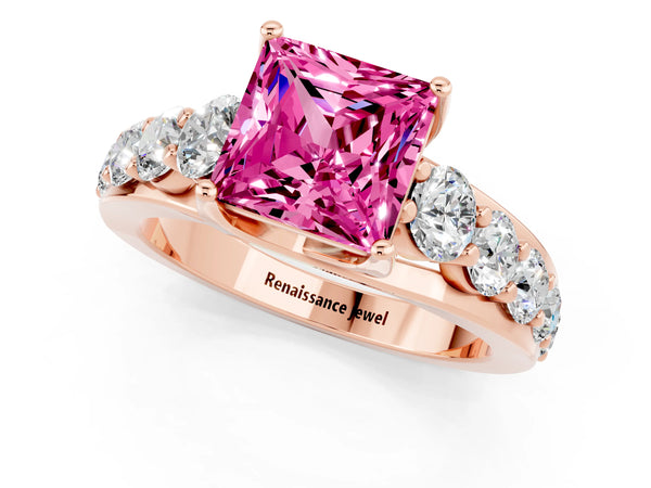 Rose gold Princess Cut Pink Sapphire Engagement Ring with Pavé Band and Four-Prong Setting