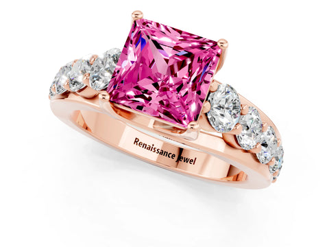 Rose gold Princess Cut Pink Sapphire Engagement Ring with Pavé Band and Four-Prong Setting_1