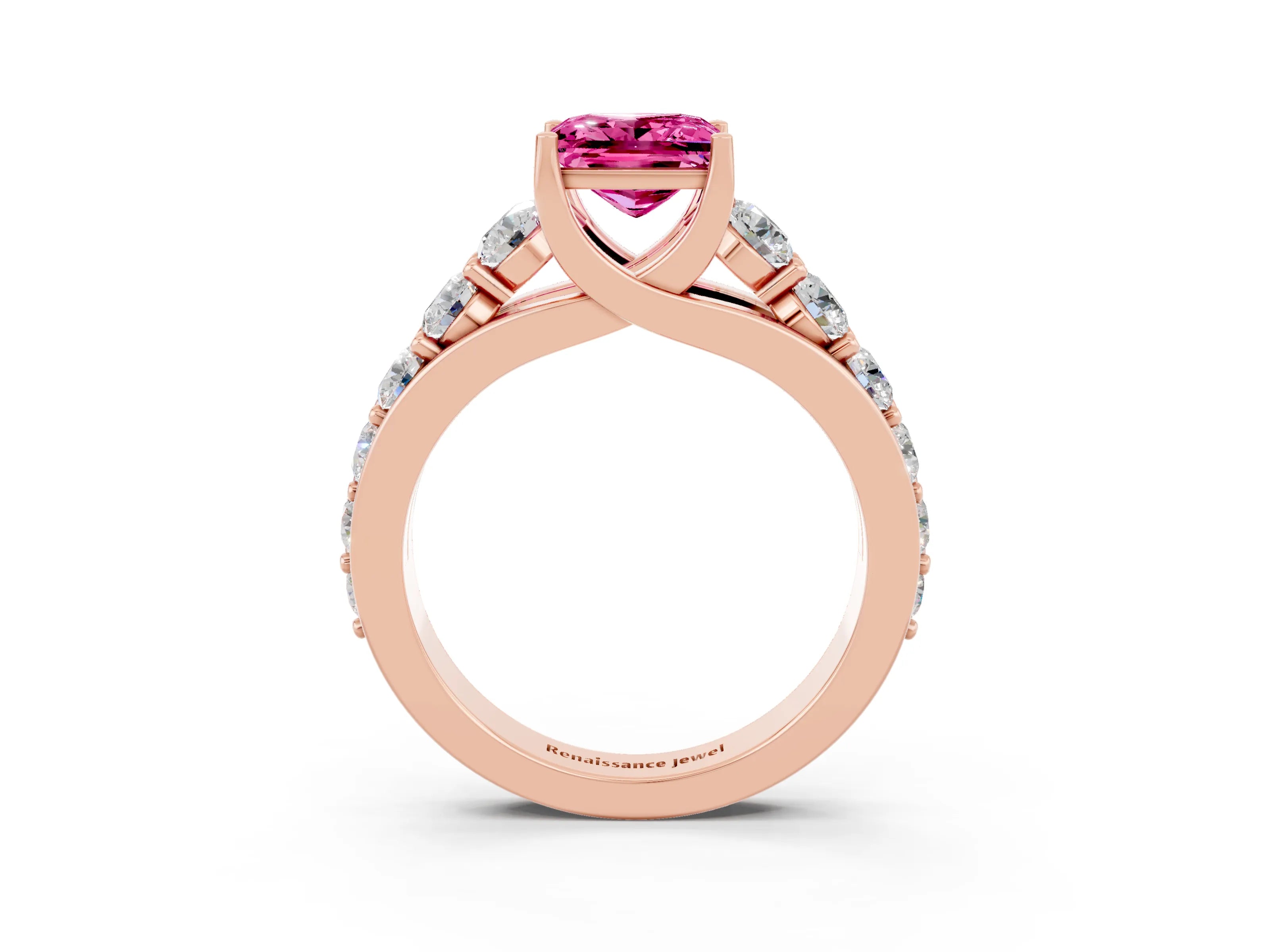 Rose gold Princess Cut Pink Sapphire Engagement Ring with Pavé Band and Four-Prong Setting_3