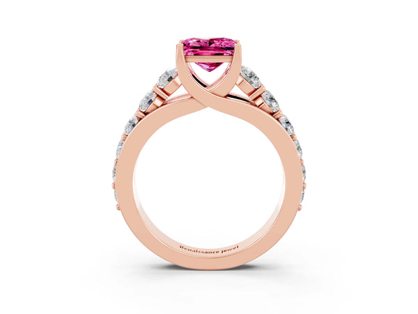 Rose gold Princess Cut Pink Sapphire Engagement Ring with Pavé Band and Four-Prong Setting
