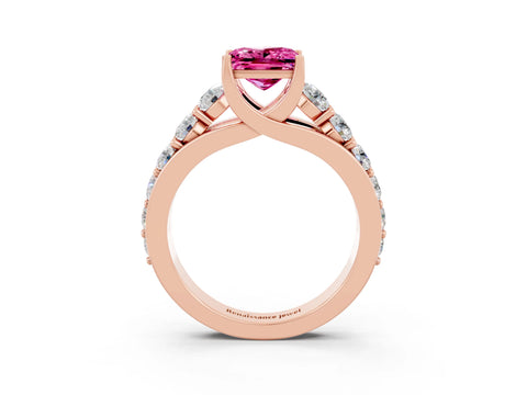 Rose gold Princess Cut Pink Sapphire Engagement Ring with Pavé Band and Four-Prong Setting_3