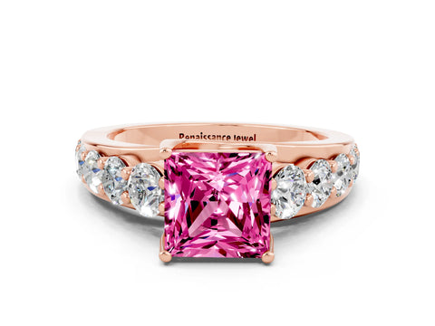 Rose gold Princess Cut Pink Sapphire Engagement Ring with Pavé Band and Four-Prong Setting