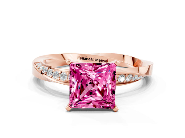 Rose gold Princess Cut Pink Sapphire Engagement Ring with Side Stone Accents and Four-Prong Setting