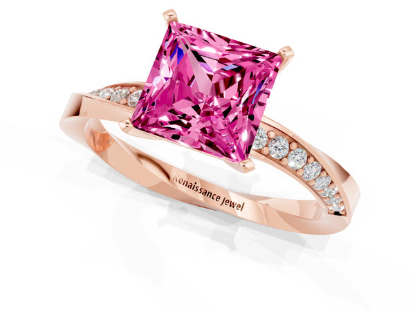 Rose gold Princess Cut Pink Sapphire Engagement Ring with Side Stone Accents and Four-Prong Setting