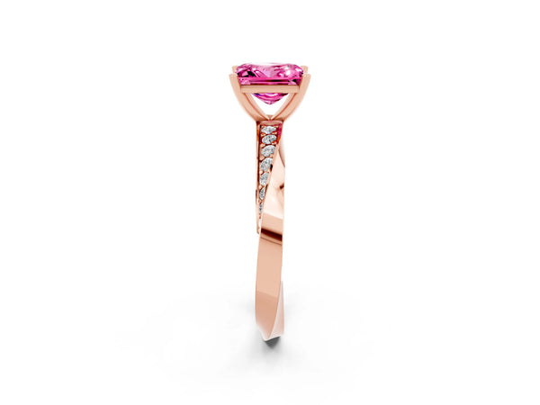 Rose gold Princess Cut Pink Sapphire Engagement Ring with Side Stone Accents and Four-Prong Setting