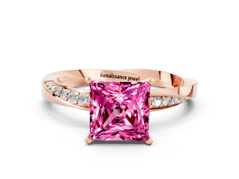 Rose gold Princess Cut Pink Sapphire Engagement Ring with Side Stone Accents and Four-Prong Setting_63
