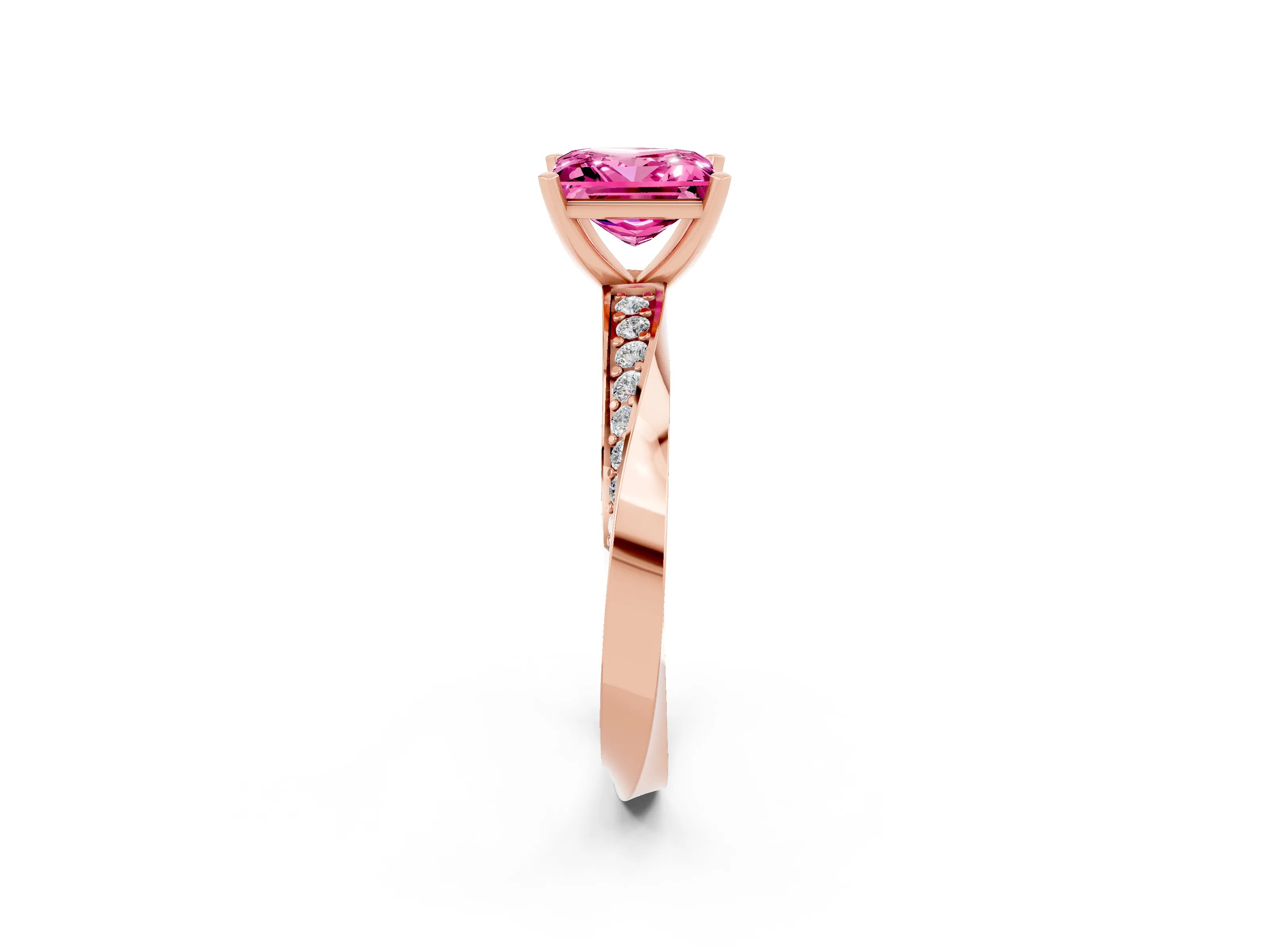 Rose gold Princess Cut Pink Sapphire Engagement Ring with Side Stone Accents and Four-Prong Setting_65