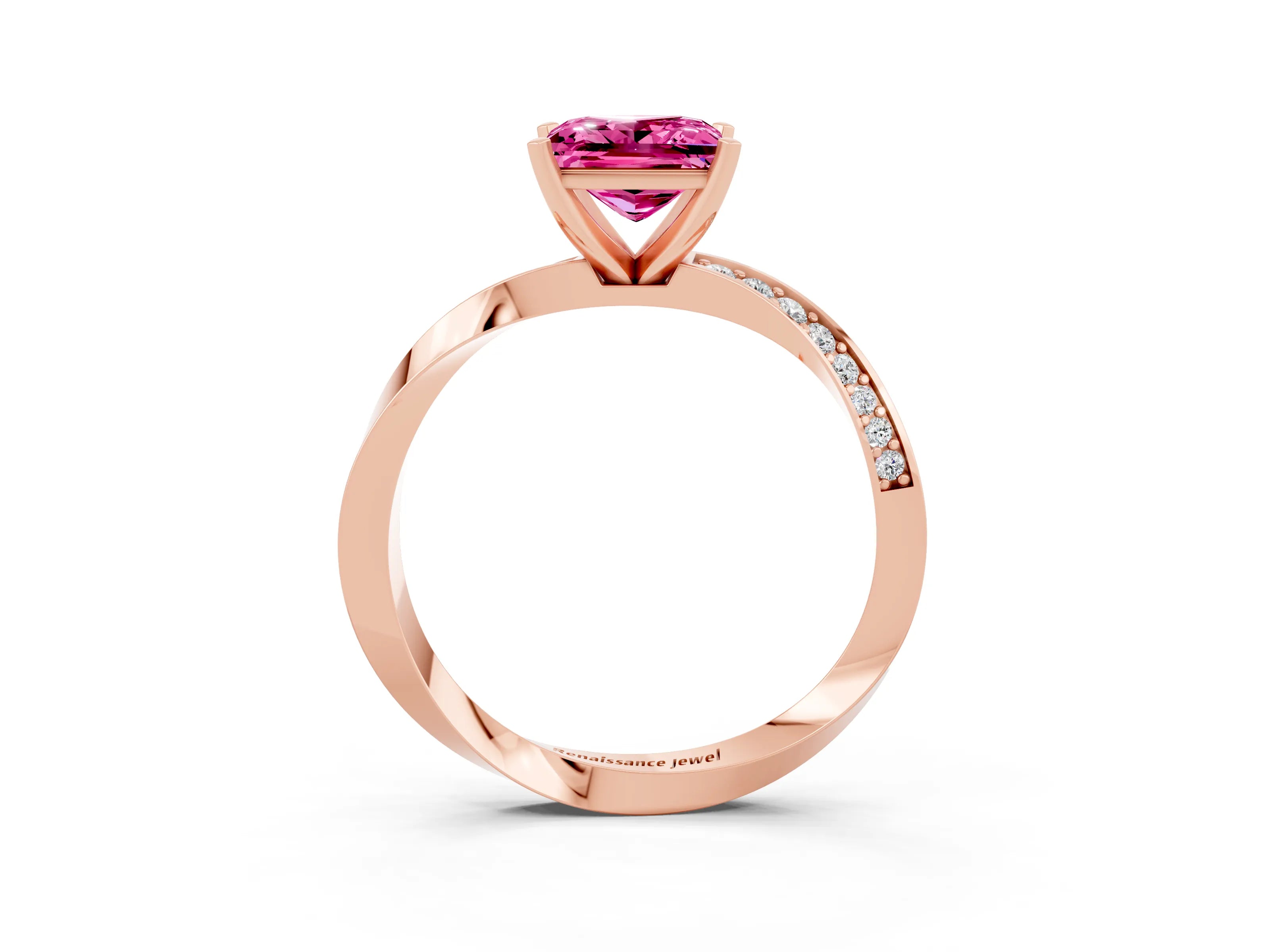 Rose gold Princess Cut Pink Sapphire Engagement Ring with Side Stone Accents and Four-Prong Setting_66
