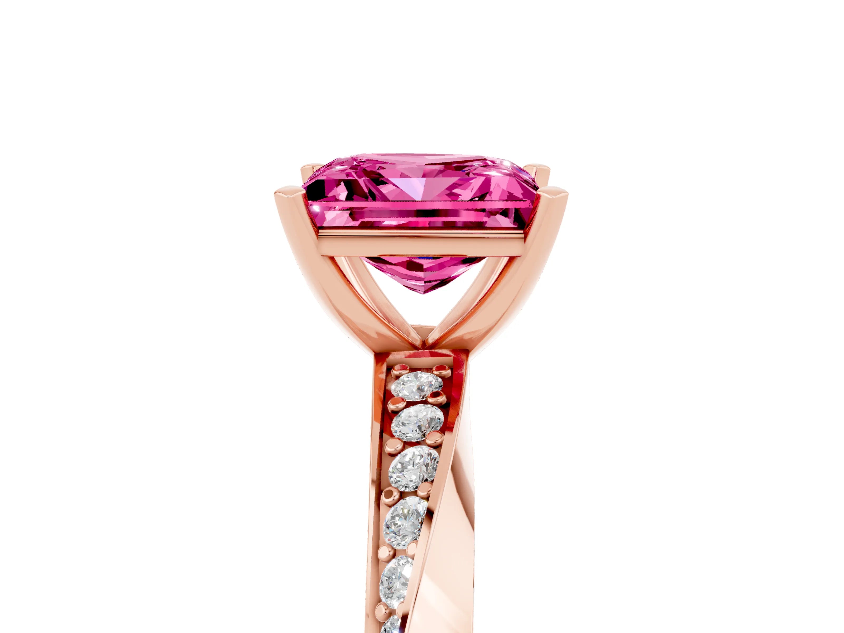 Rose gold Princess Cut Pink Sapphire Engagement Ring with Side Stone Accents and Four-Prong Setting_68