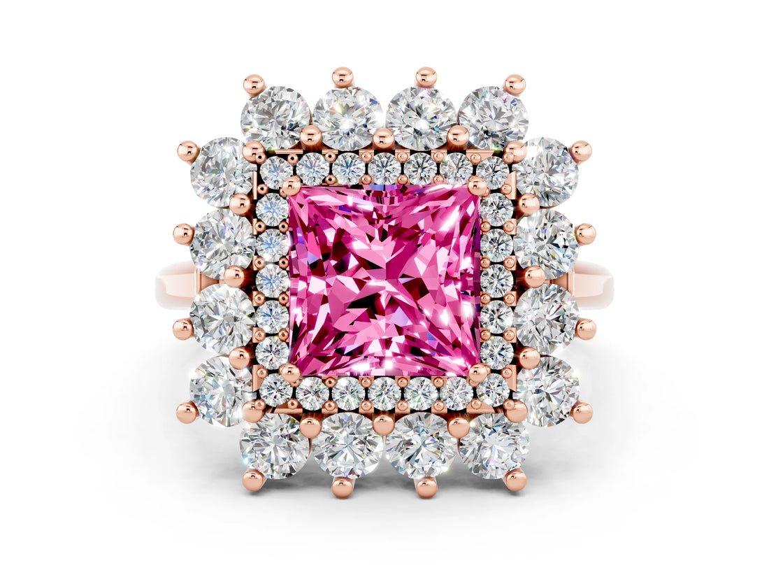 Rose gold Princess Cut Pink Sapphire Floral Double Halo Engagement Ring with Prong Setting_60