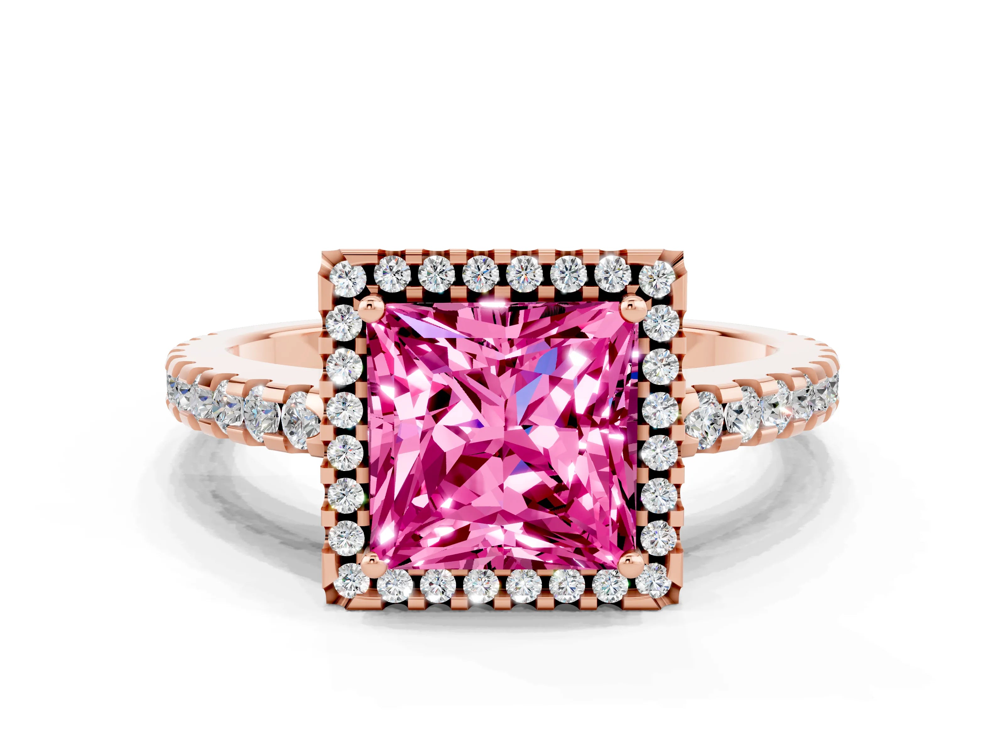 Rose gold Princess Cut Pink Sapphire Halo Engagement Ring with Pavé Band and Prong Setting_12
