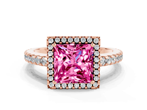 Rose gold Princess Cut Pink Sapphire Halo Engagement Ring with Pavé Band and Prong Setting