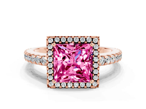 Rose gold Princess Cut Pink Sapphire Halo Engagement Ring with Pavé Band and Prong Setting_12