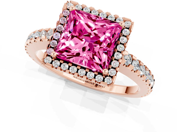 Rose gold Princess Cut Pink Sapphire Halo Engagement Ring with Pavé Band and Prong Setting