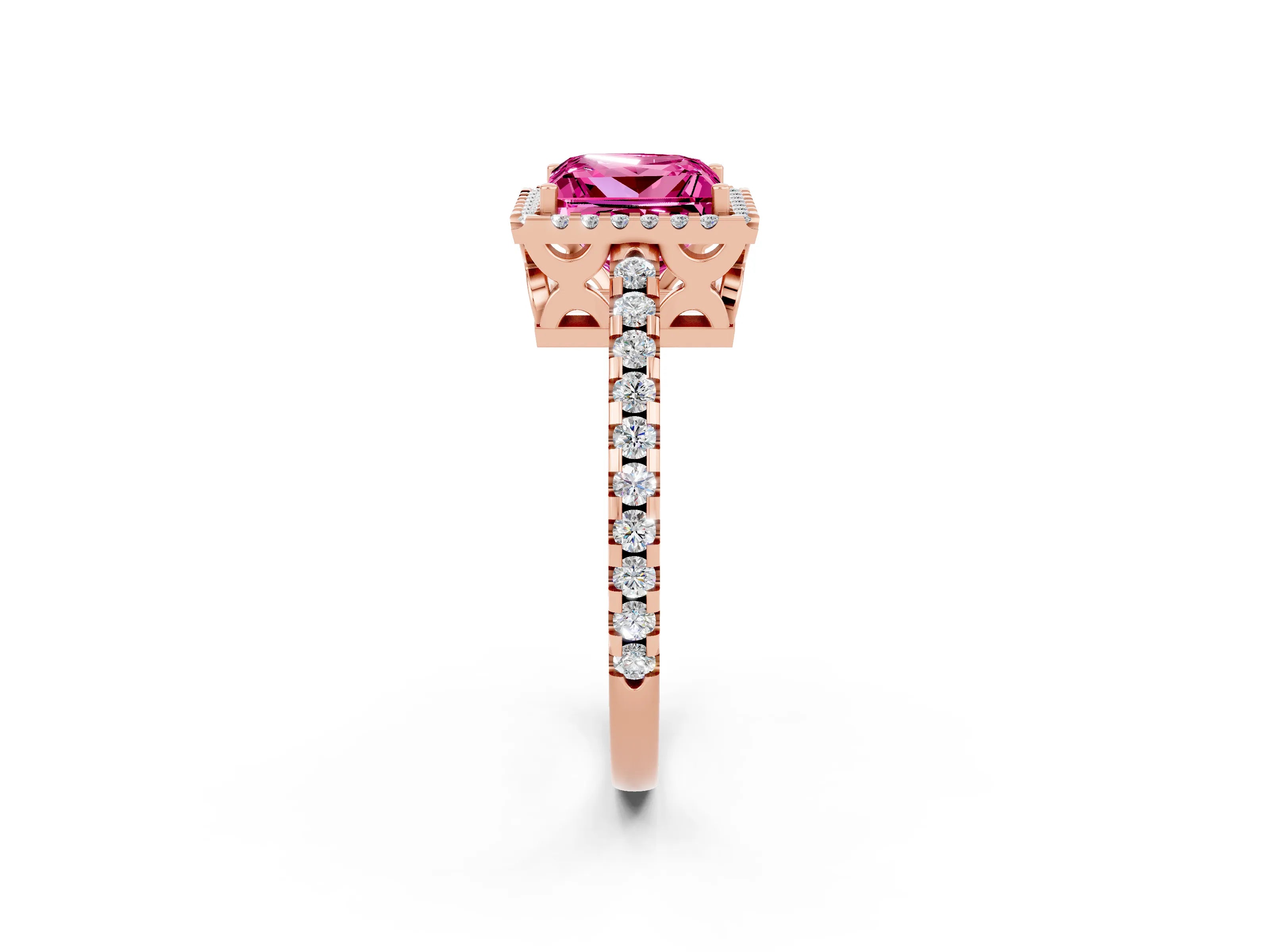 Rose gold Princess Cut Pink Sapphire Halo Engagement Ring with Pavé Band and Prong Setting_14