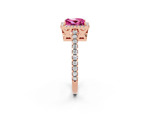 Rose gold Princess Cut Pink Sapphire Halo Engagement Ring with Pavé Band and Prong Setting