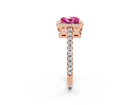 Rose gold Princess Cut Pink Sapphire Halo Engagement Ring with Pavé Band and Prong Setting_14