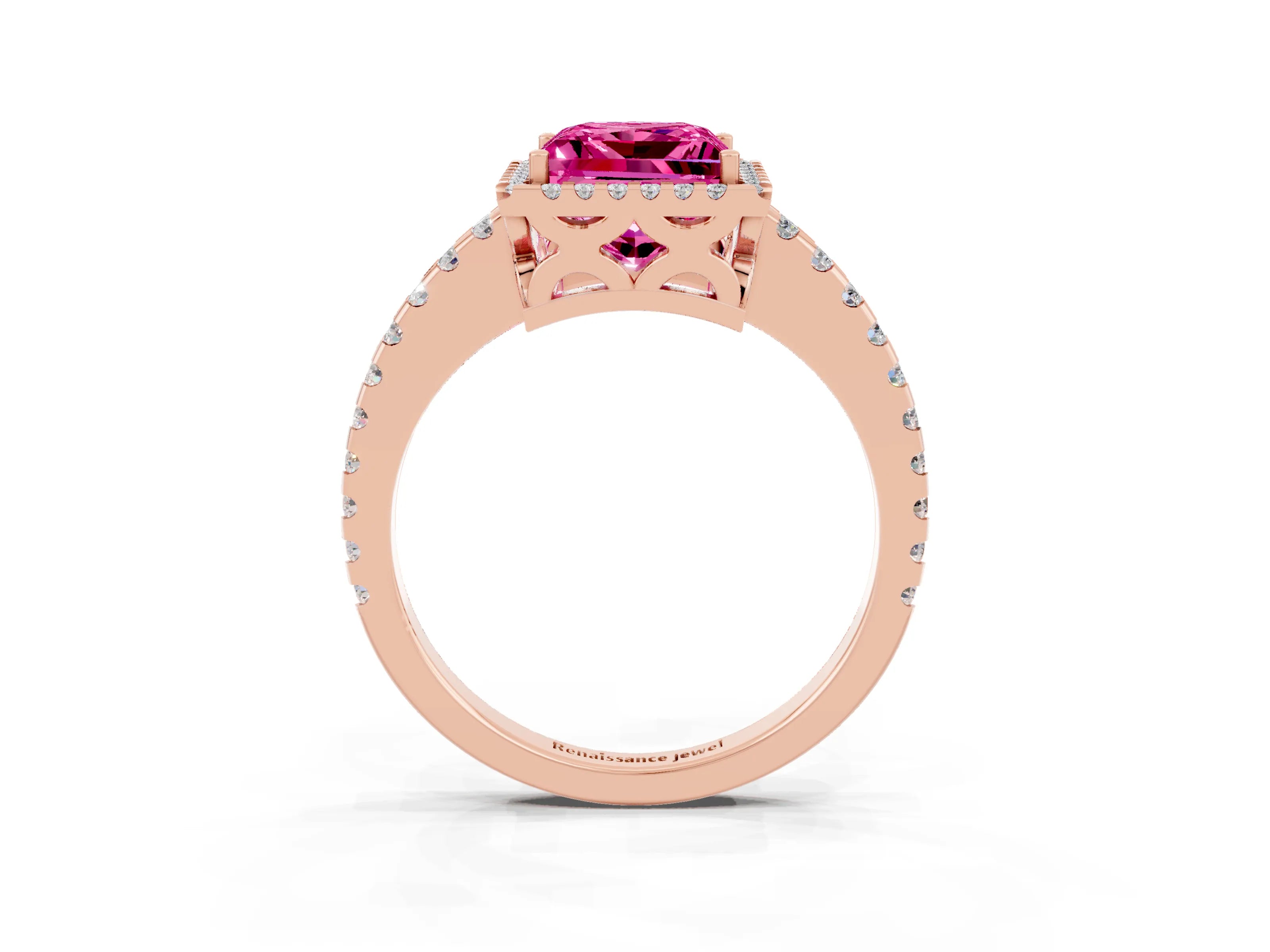 Rose gold Princess Cut Pink Sapphire Halo Engagement Ring with Pavé Band and Prong Setting_15