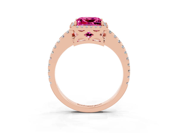 Rose gold Princess Cut Pink Sapphire Halo Engagement Ring with Pavé Band and Prong Setting