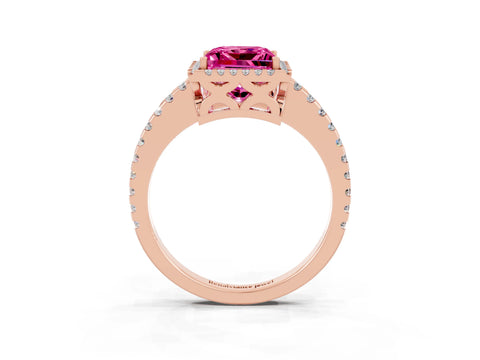 Rose gold Princess Cut Pink Sapphire Halo Engagement Ring with Pavé Band and Prong Setting_15