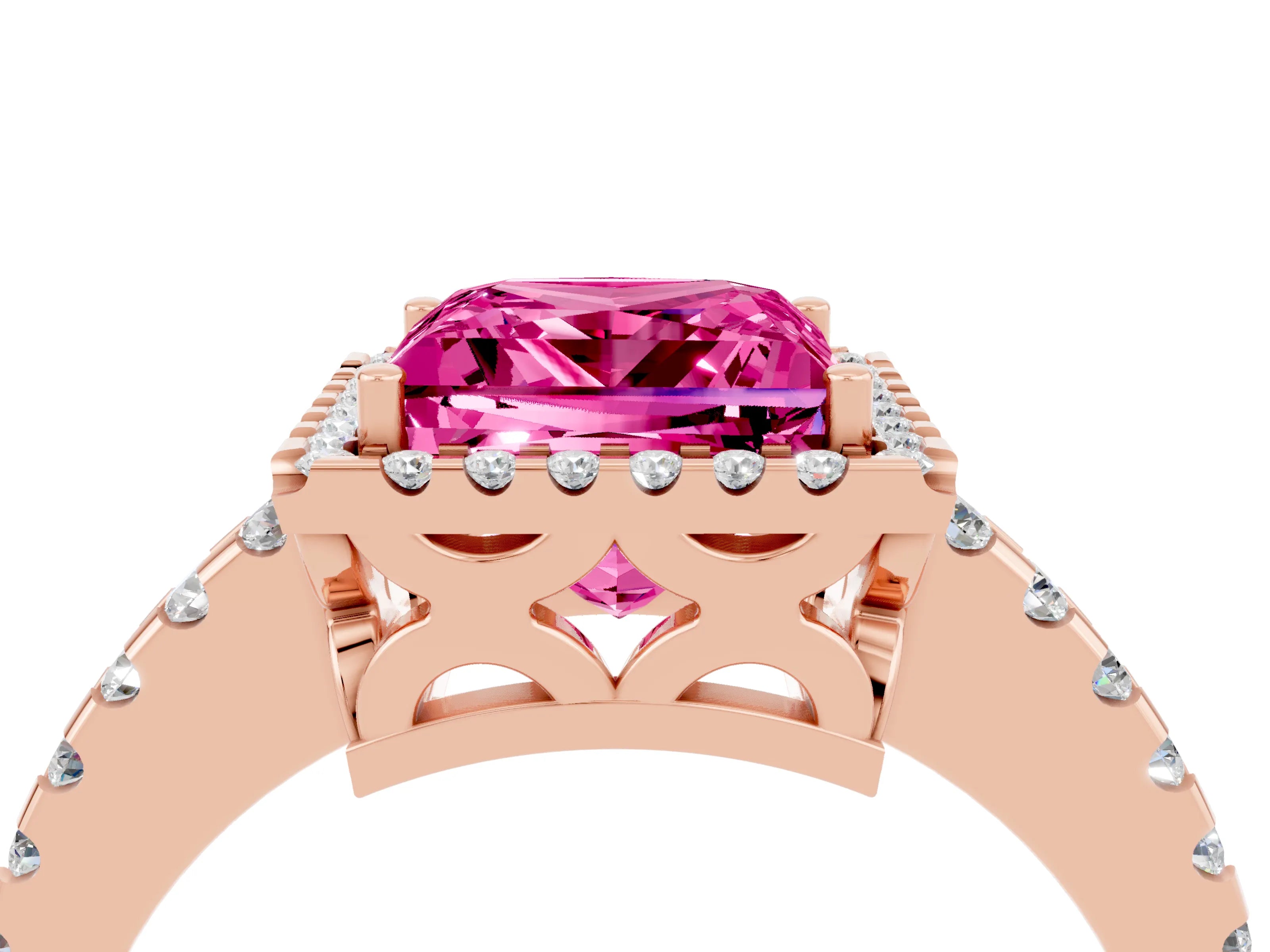 Rose gold Princess Cut Pink Sapphire Halo Engagement Ring with Pavé Band and Prong Setting_16