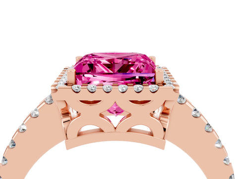 Rose gold Princess Cut Pink Sapphire Halo Engagement Ring with Pavé Band and Prong Setting_16