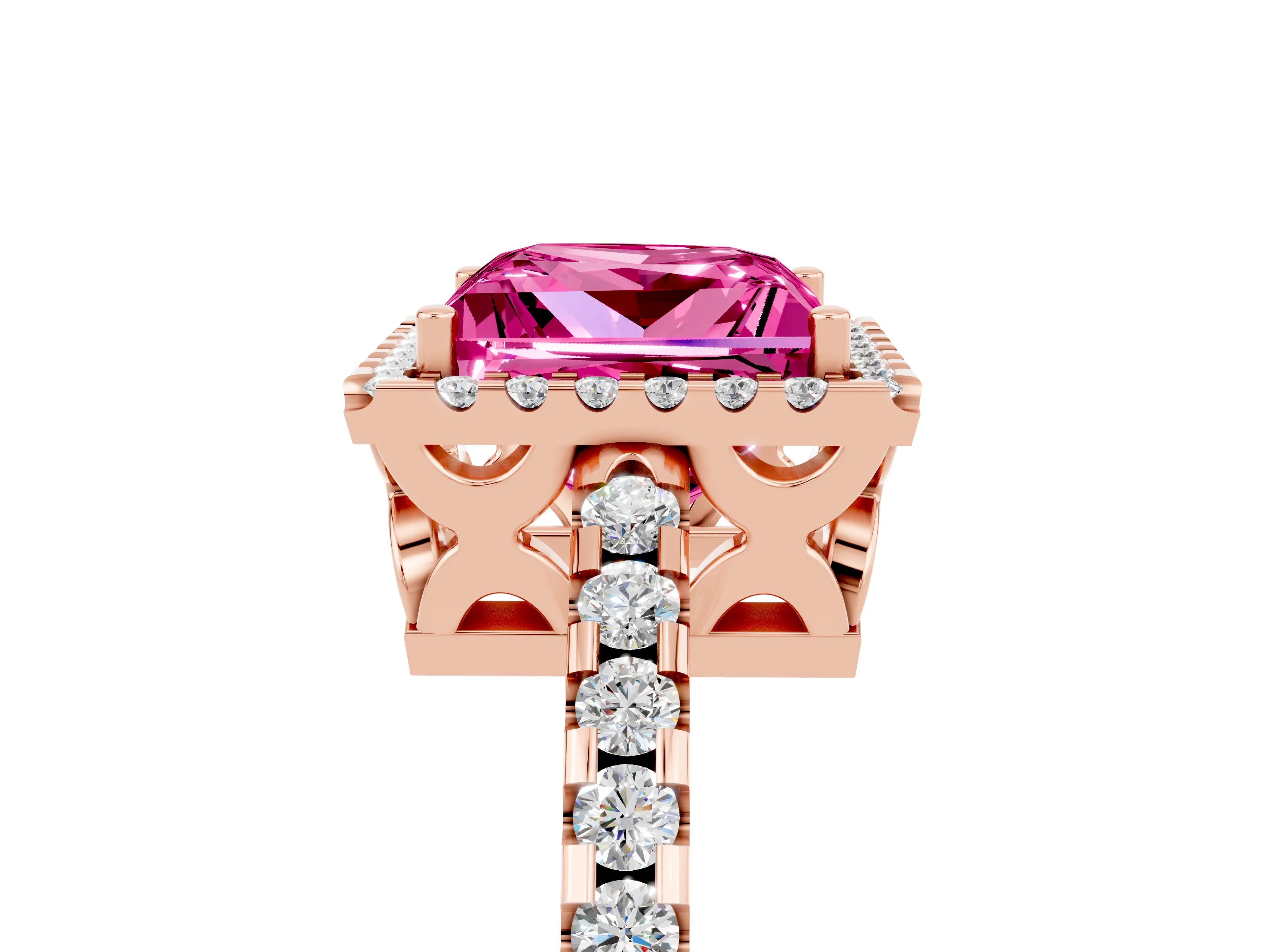 Rose gold Princess Cut Pink Sapphire Halo Engagement Ring with Pavé Band and Prong Setting_17