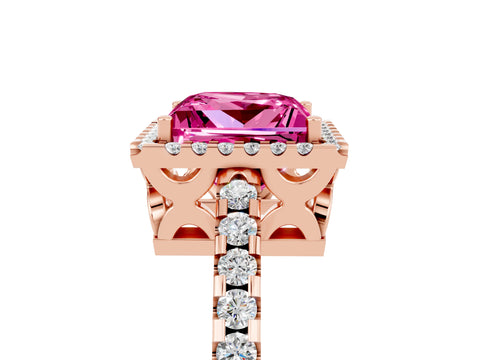 Rose gold Princess Cut Pink Sapphire Halo Engagement Ring with Pavé Band and Prong Setting_17