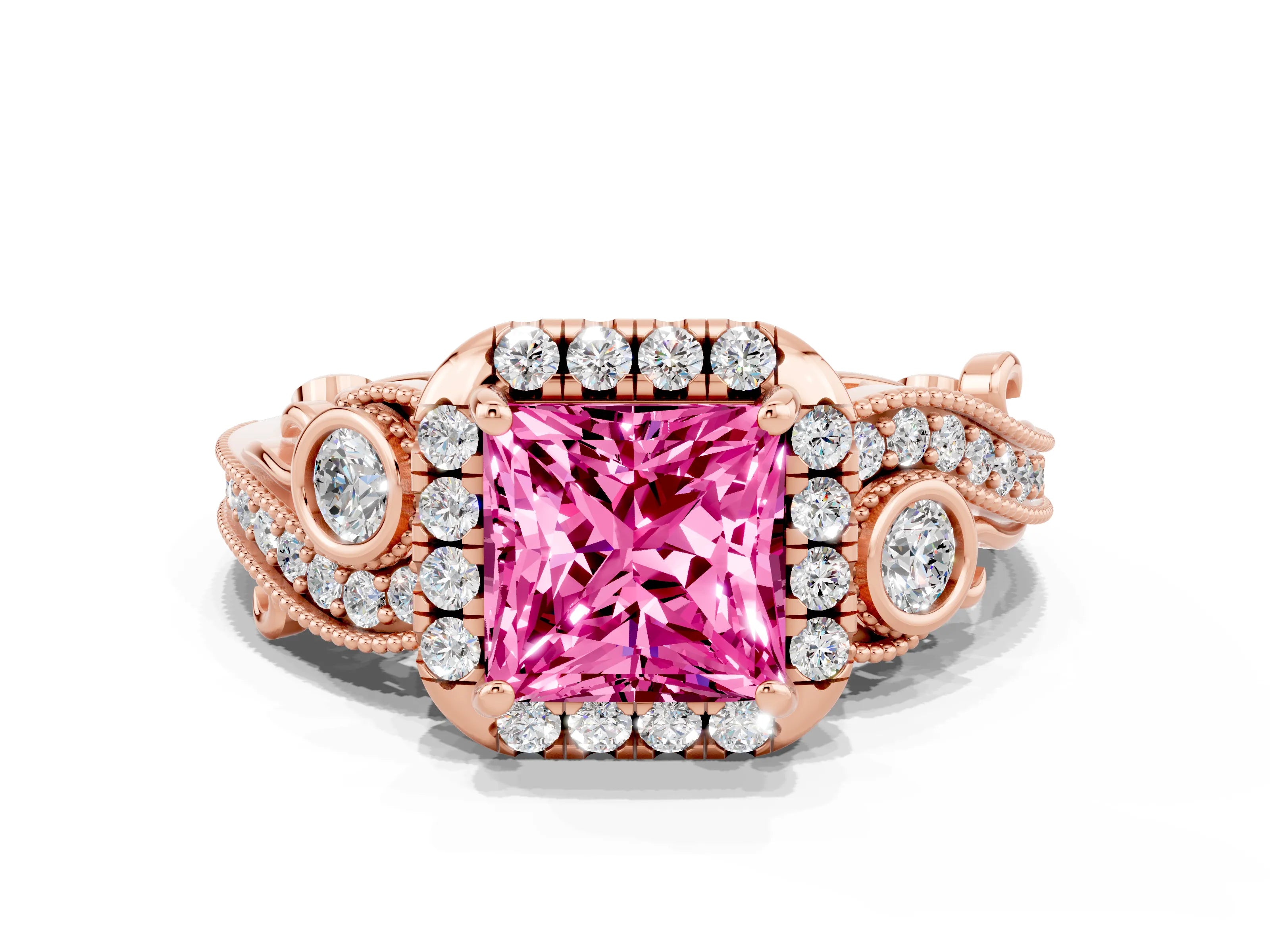 Rose gold Princess Cut Pink Sapphire Halo Ring with Milgrain Pavé Band and Four-Prong Setting_12