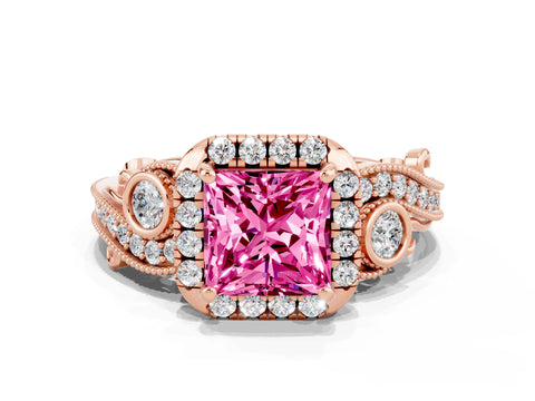 Rose gold Princess Cut Pink Sapphire Halo Ring with Milgrain Pavé Band and Four-Prong Setting_12