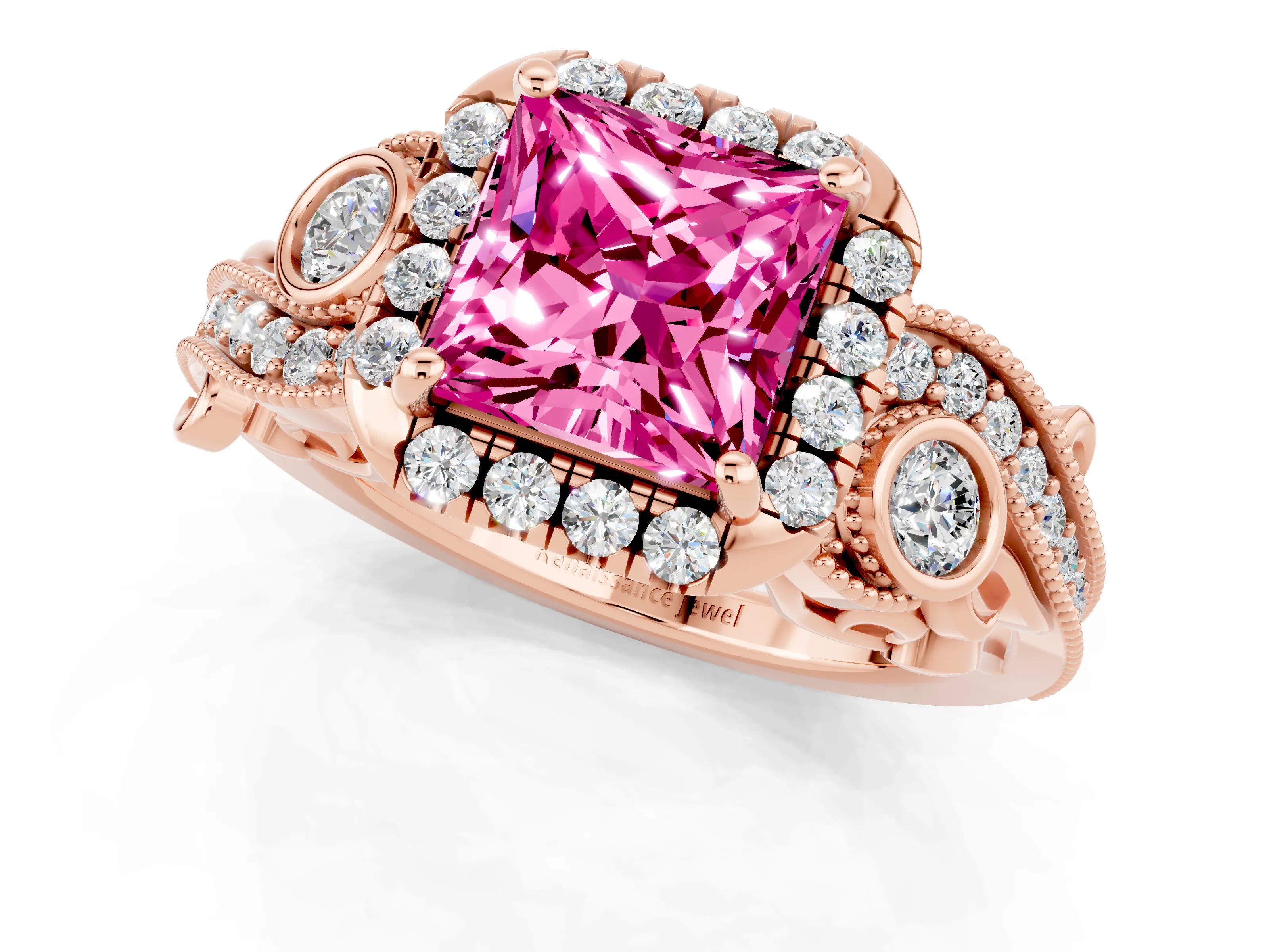 Rose gold Princess Cut Pink Sapphire Halo Ring with Milgrain Pavé Band and Four-Prong Setting_13