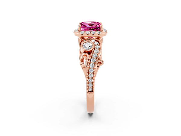 Rose gold Princess Cut Pink Sapphire Halo Ring with Milgrain Pavé Band and Four-Prong Setting