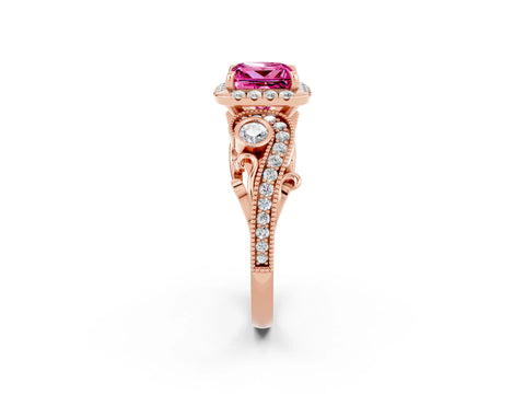 Rose gold Princess Cut Pink Sapphire Halo Ring with Milgrain Pavé Band and Four-Prong Setting_14