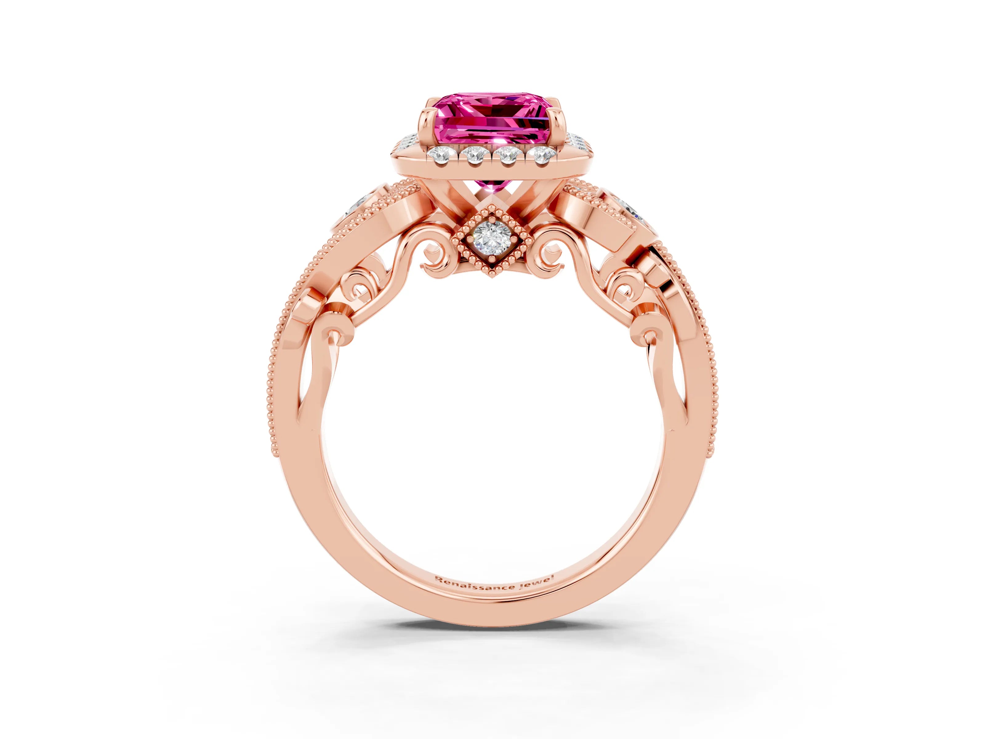 Rose gold Princess Cut Pink Sapphire Halo Ring with Milgrain Pavé Band and Four-Prong Setting_15