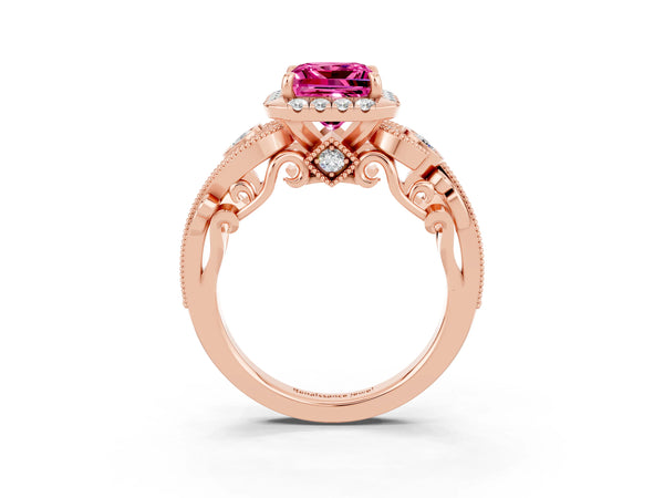 Rose gold Princess Cut Pink Sapphire Halo Ring with Milgrain Pavé Band and Four-Prong Setting
