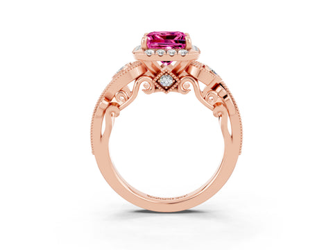 Rose gold Princess Cut Pink Sapphire Halo Ring with Milgrain Pavé Band and Four-Prong Setting_15