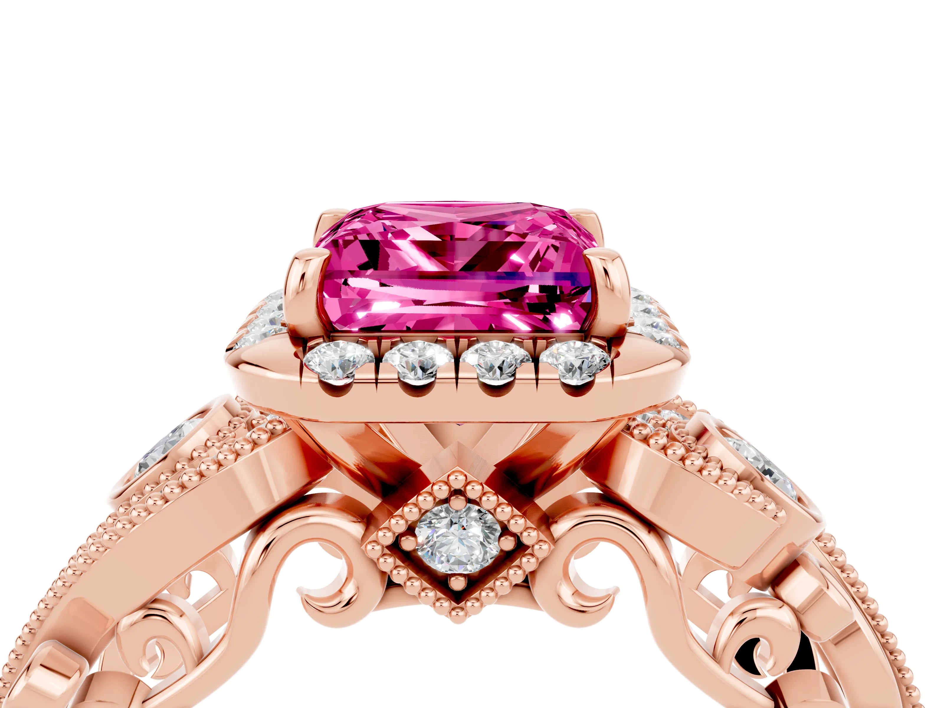 Rose gold Princess Cut Pink Sapphire Halo Ring with Milgrain Pavé Band and Four-Prong Setting_16