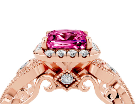 Rose gold Princess Cut Pink Sapphire Halo Ring with Milgrain Pavé Band and Four-Prong Setting_16