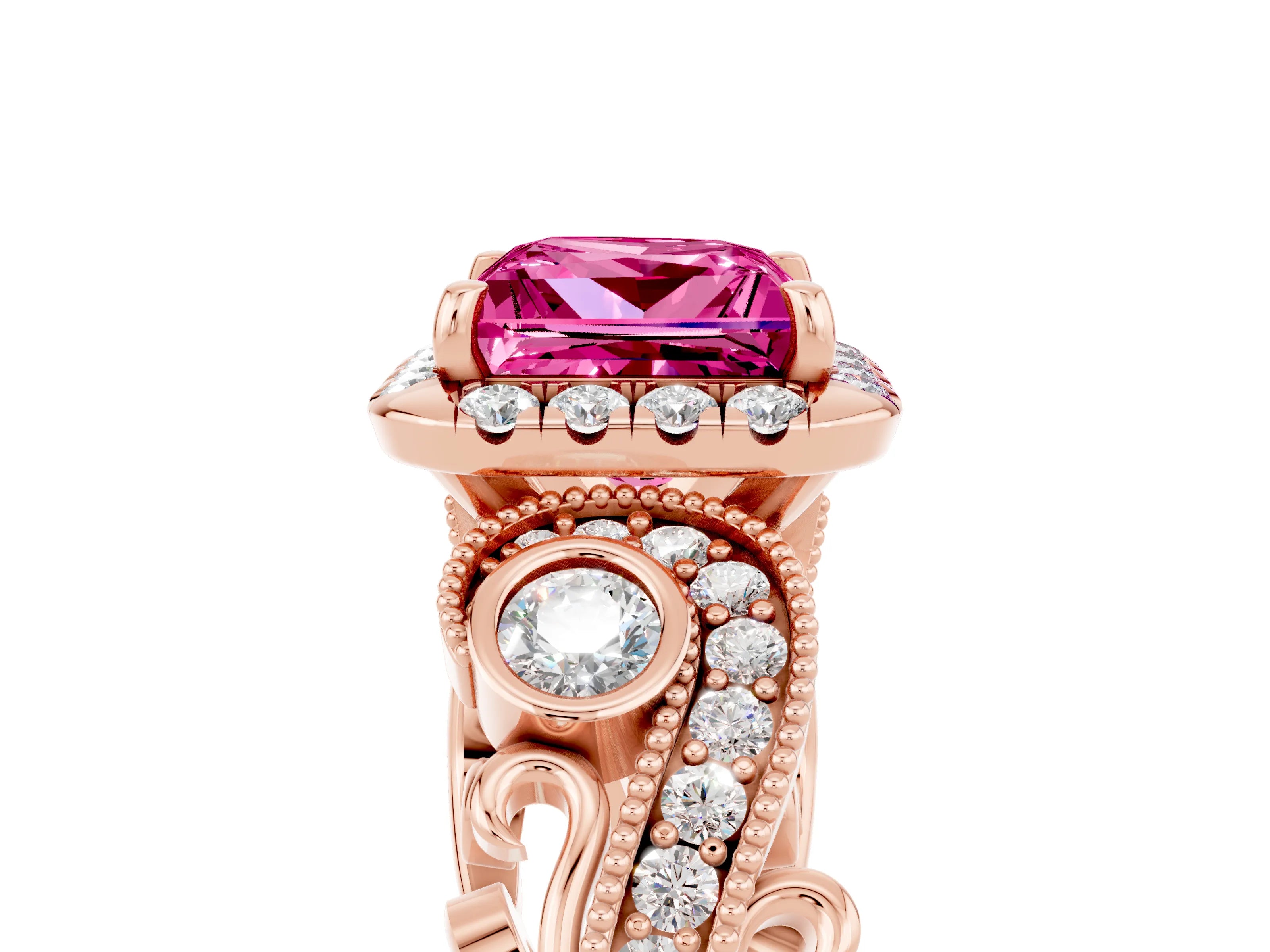 Rose gold Princess Cut Pink Sapphire Halo Ring with Milgrain Pavé Band and Four-Prong Setting_17