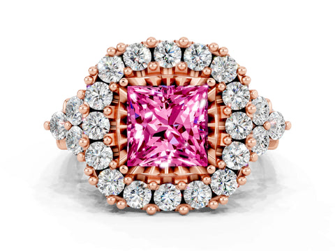 Rose gold Princess Cut Pink Sapphire Halo Ring with Pavé Band and Four-Prong Setting_12
