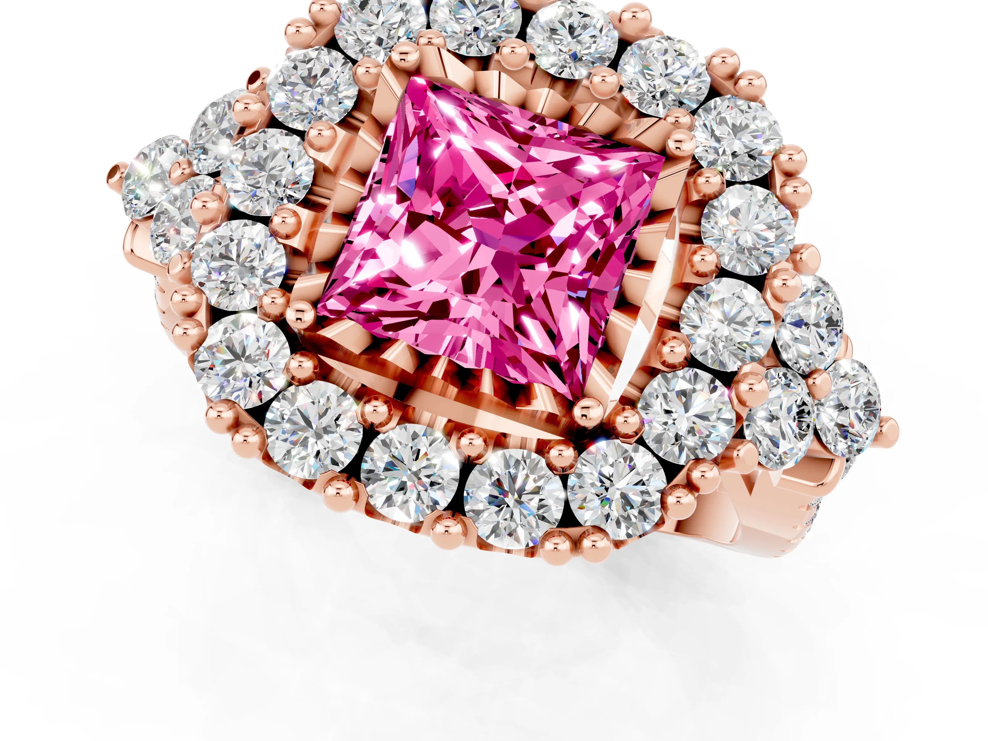 Rose gold Princess Cut Pink Sapphire Halo Ring with Pavé Band and Four-Prong Setting_13