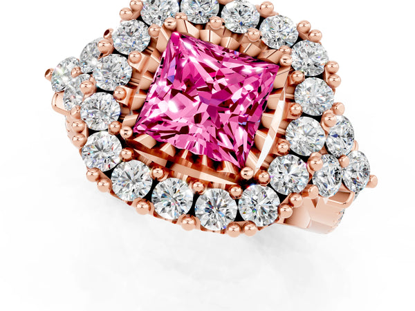 Rose gold Princess Cut Pink Sapphire Halo Ring with Pavé Band and Four-Prong Setting