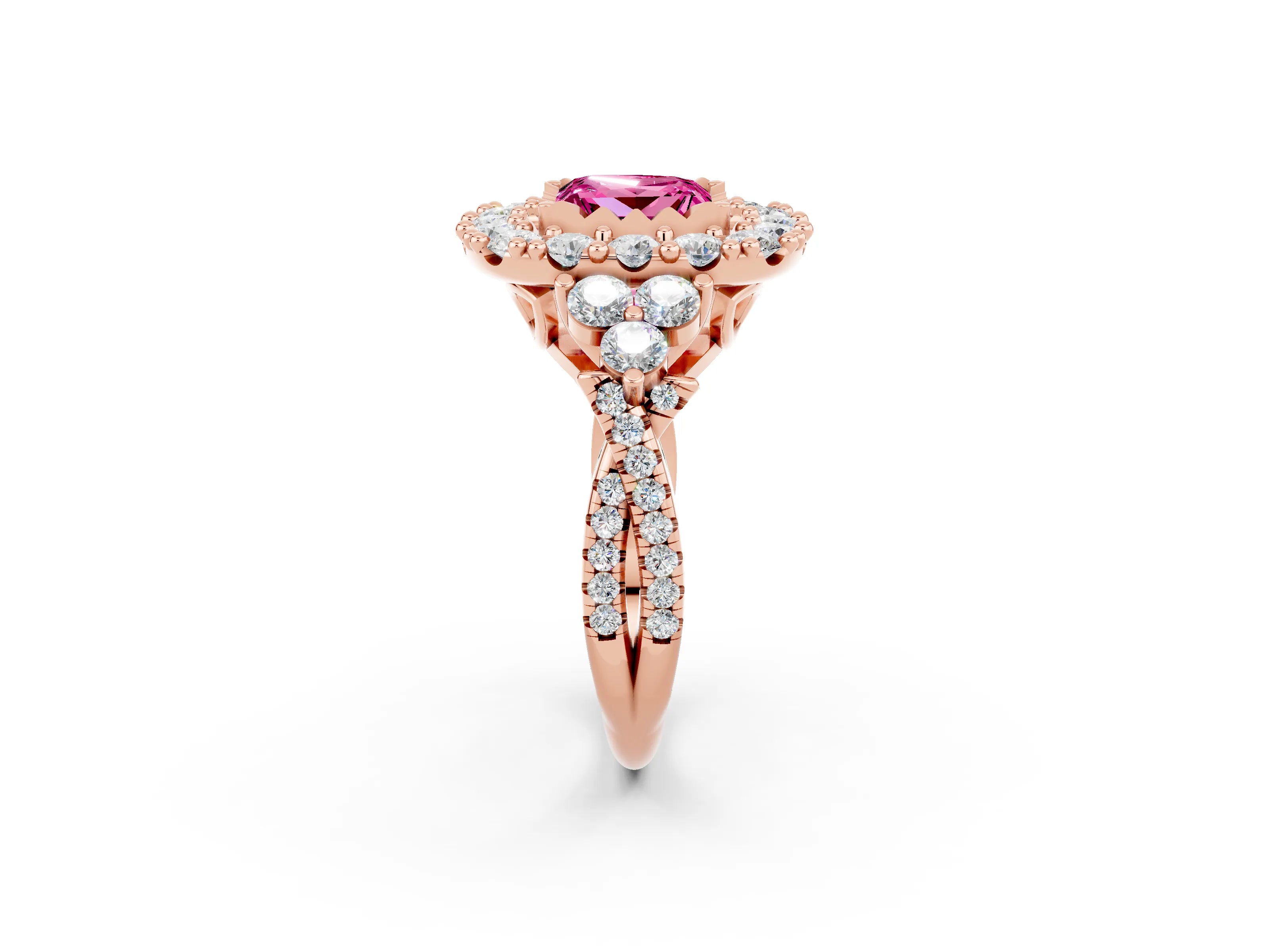 Rose gold Princess Cut Pink Sapphire Halo Ring with Pavé Band and Four-Prong Setting_14