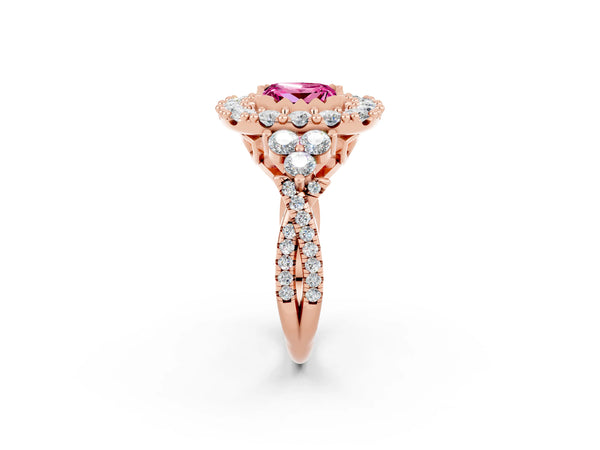 Rose gold Princess Cut Pink Sapphire Halo Ring with Pavé Band and Four-Prong Setting